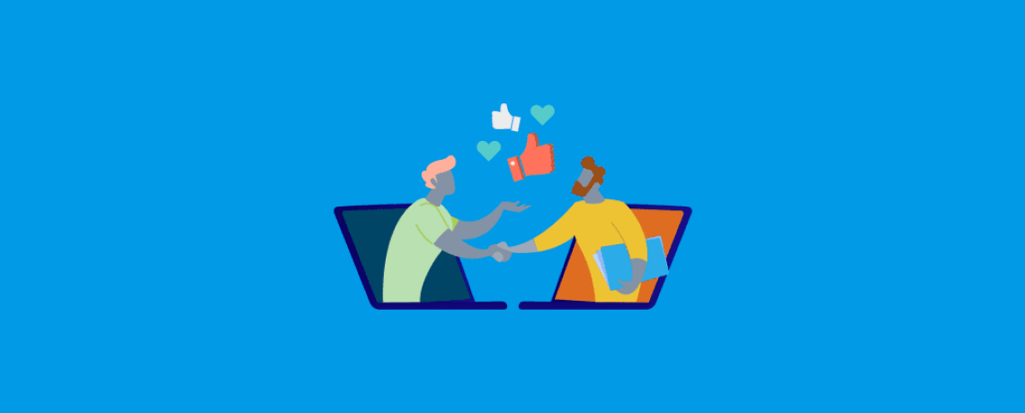 Duas pessoas em telas de computadores se cumprimentando com ícones de like e coração