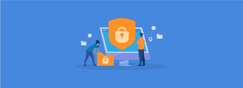 Ilustração sobre cibersegurança com duas pessoas organizando pastas com simbolo de cadeado frente a um computador