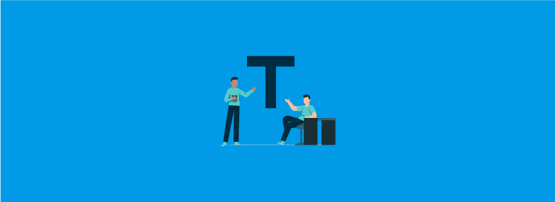Dois profissionais conversando próximos a um símbolo em fomato de T, representando o t-shaped