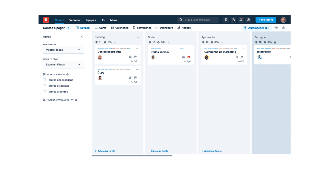 Tela do produto Runrun.it, ferramenta ideal para gestão de equipes de marketing